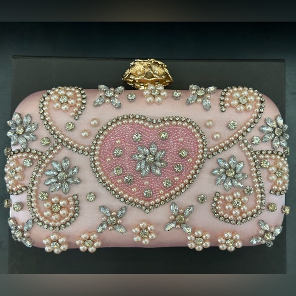 Handbags - Pink Barbie Heart Evening Bag with Pearl and Rhinestone detail